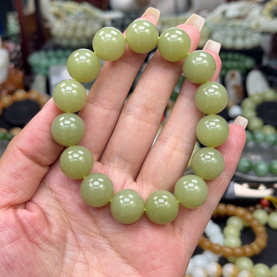 和田玉手串未镶嵌和田玉新疆若羌青黄口卡14
