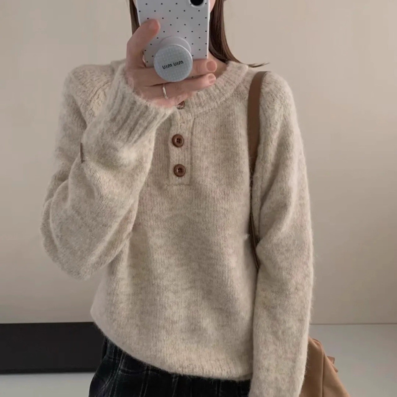 韩系针织衫毛绒感套头半开圆领毛衣2025秋冬款纯色宽松慵懒风上衣