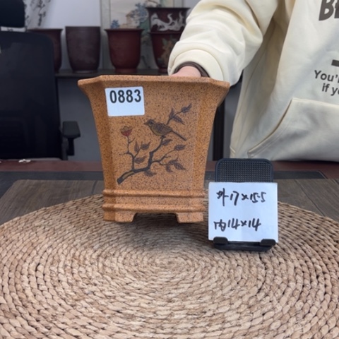 紫砂花盆柴烧手绘切角双线四方0883