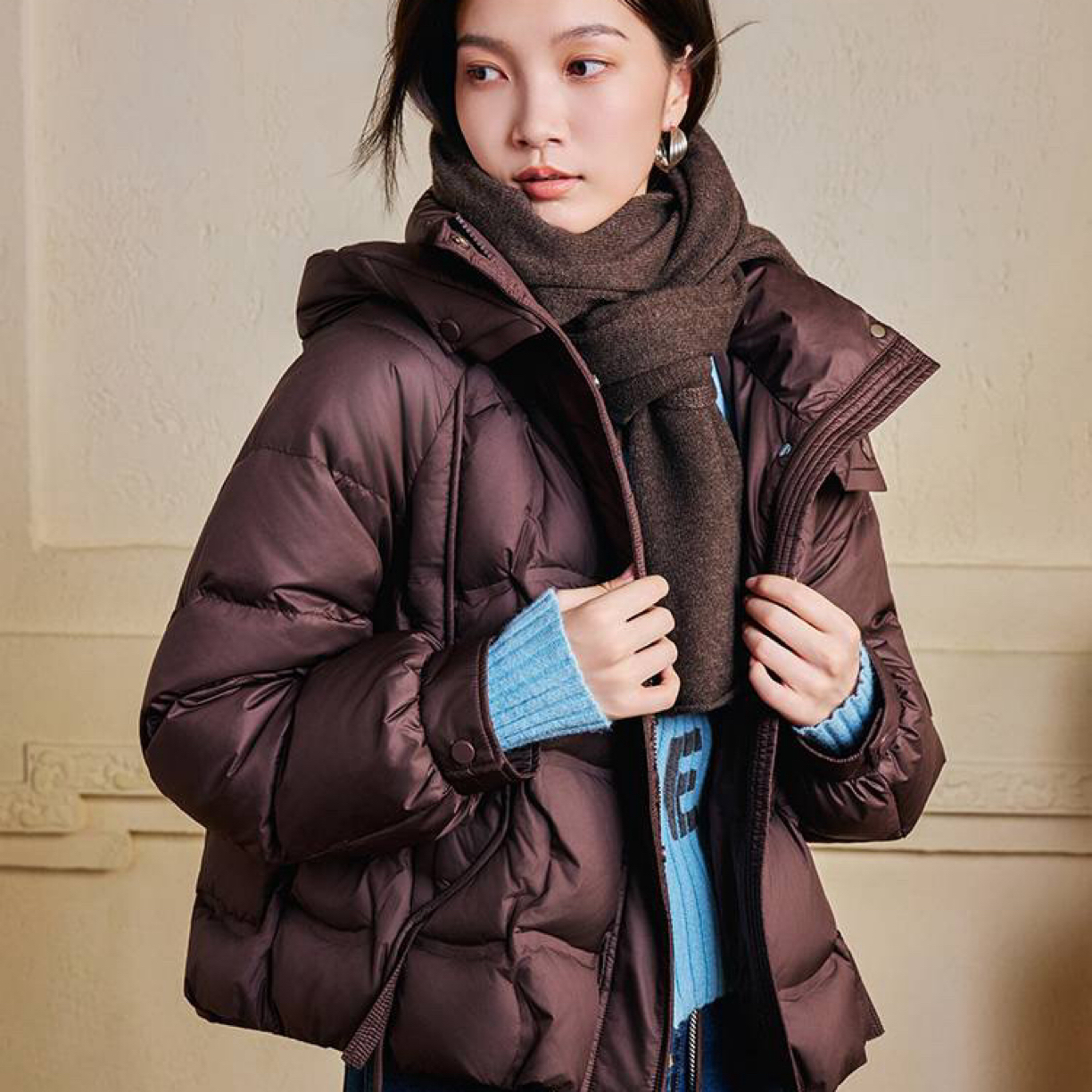 麦寻女装2025冬季新款YRSZS10A宽松韩版连帽鸭绒短款羽绒服外套