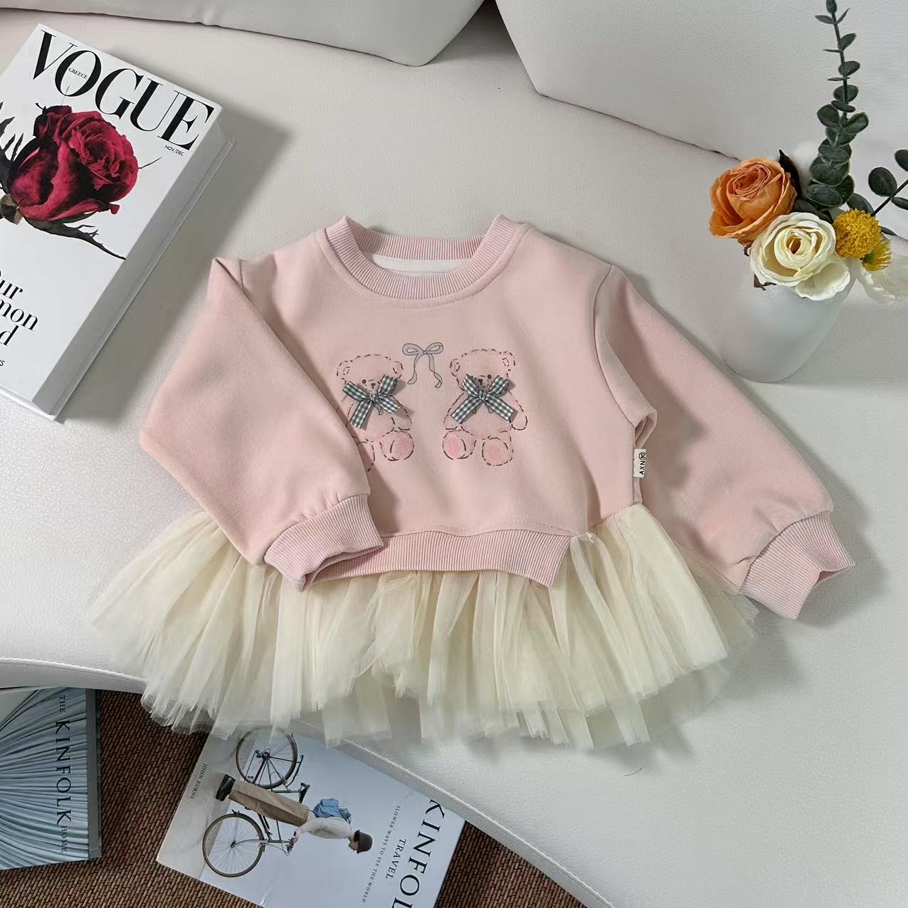 2025卫衣女童春秋季新款儿童衣服可爱小熊印花拼接网纱1678