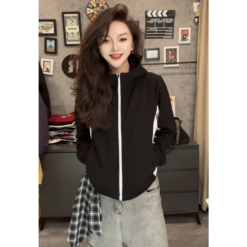 空气棉撞色开衫连帽卫衣女修身显瘦透气亲肤休闲上衣