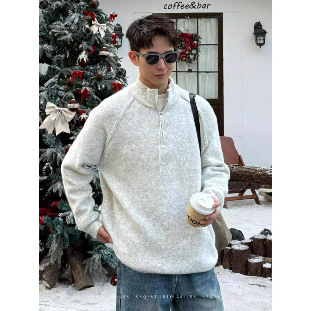 毛感十足！王牌质感！粗针保暖舒适男士亨利领半开襟羊毛衫毛衣潮