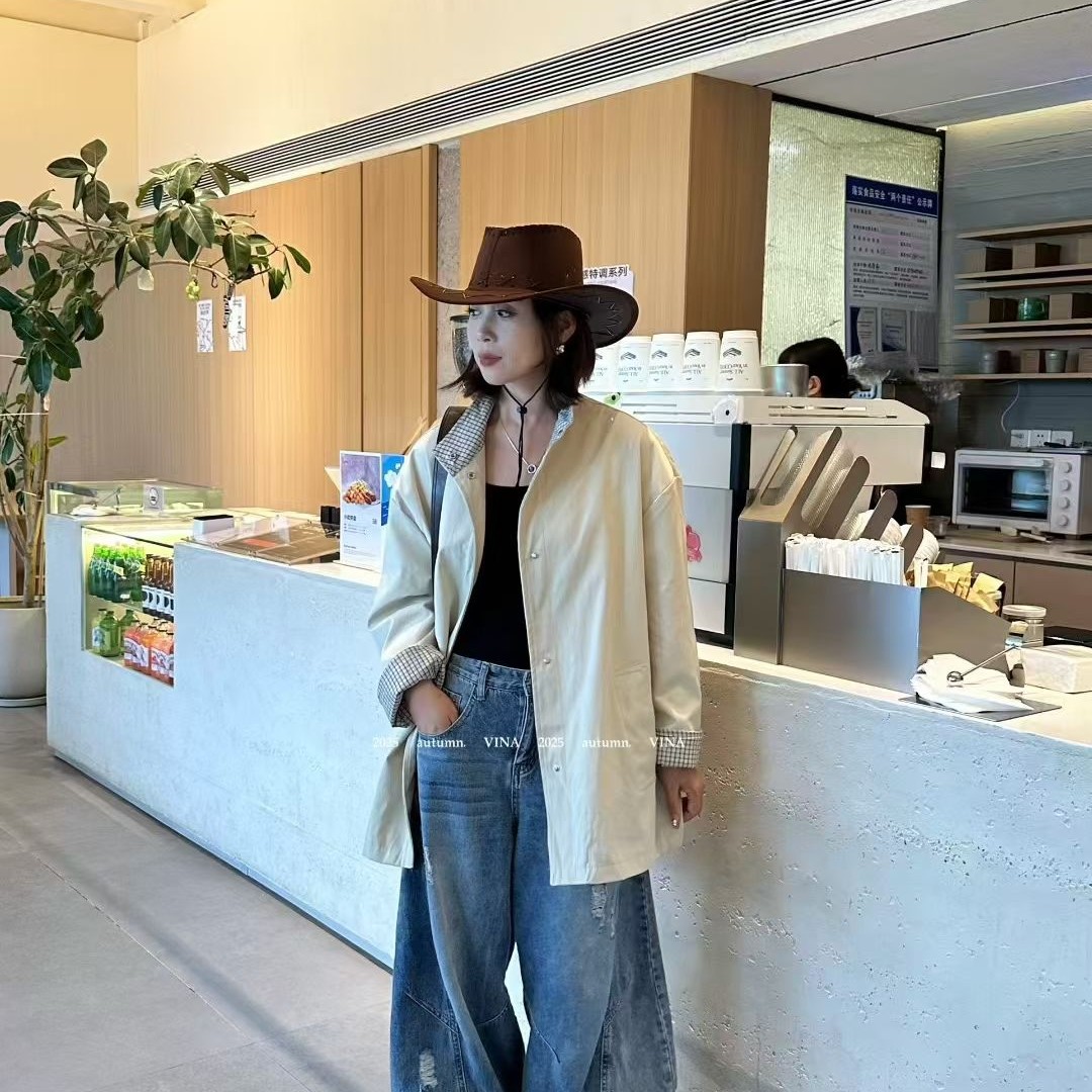 韩系中长款两面穿立领格子风衣外套女休闲宽松新款