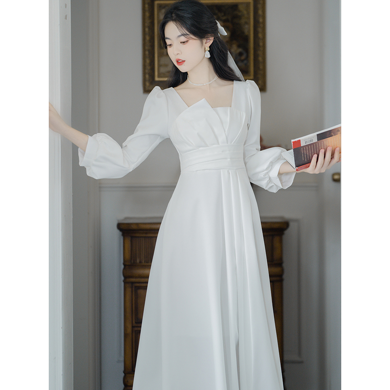 小白裙领证白色晚礼服气质洋装登记连衣裙女订婚裙夏季气质长裙仙