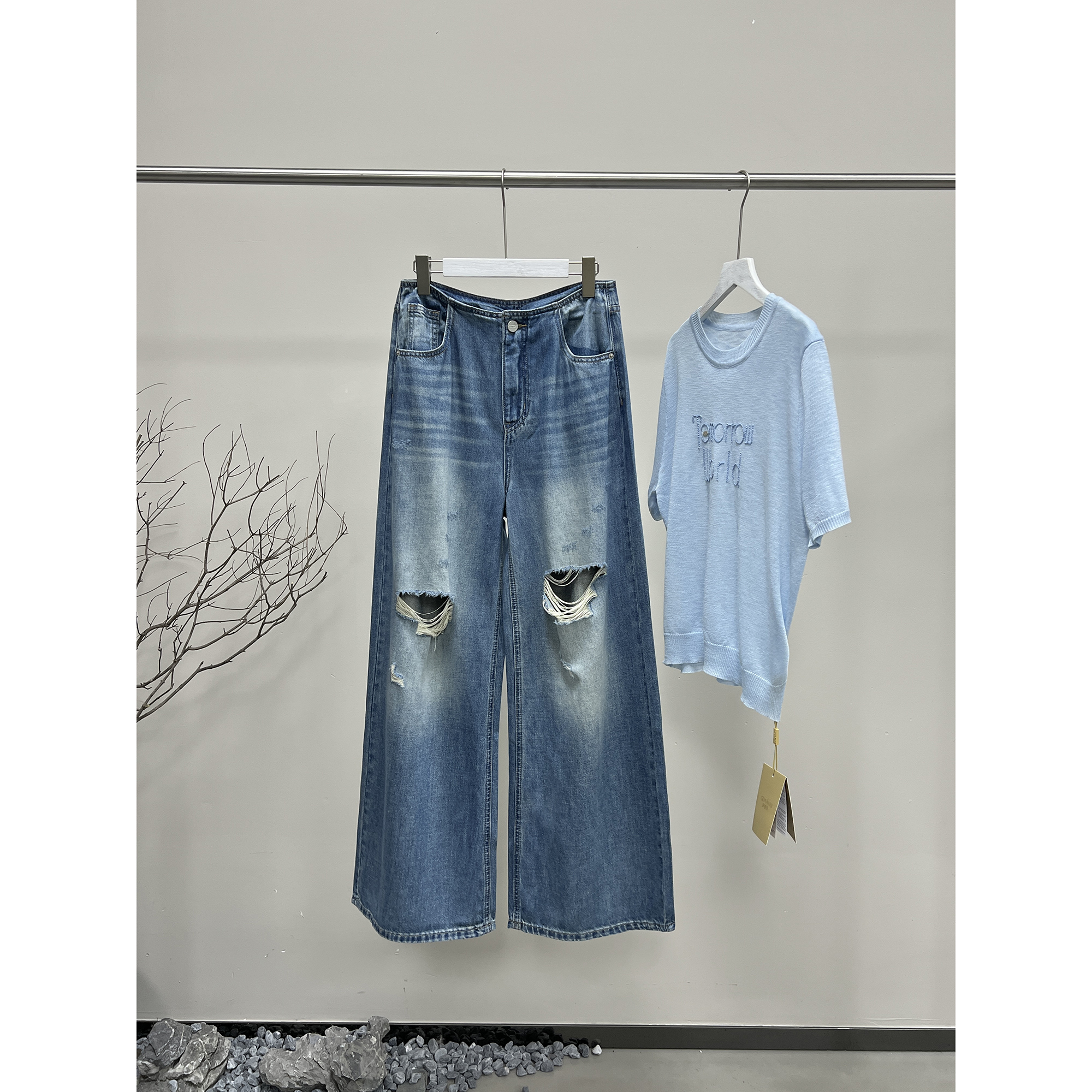 阔腿破洞蓝色牛仔裤BM800-1