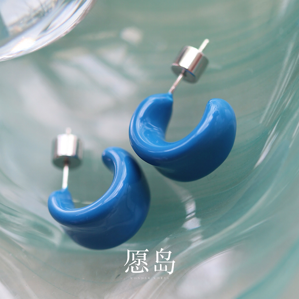 愿岛 黄铜珐琅耳饰 法式气质几何设计蒙德里安蓝珐琅彩耳钉EH2571