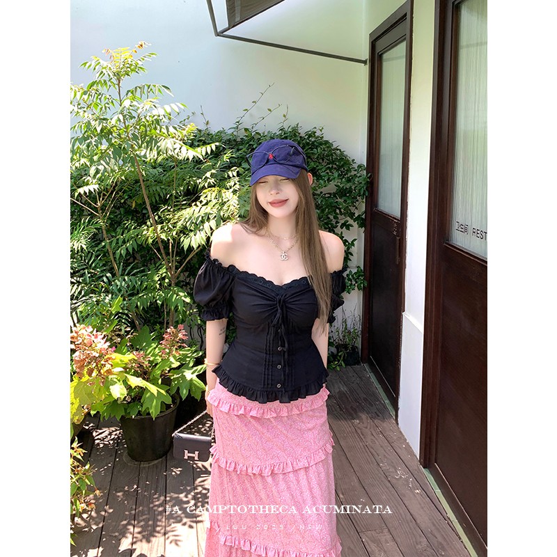 LUU桃喜儿/黑色v领气质打揽小衫女夏设计感短袖上衣小众独特衬衫