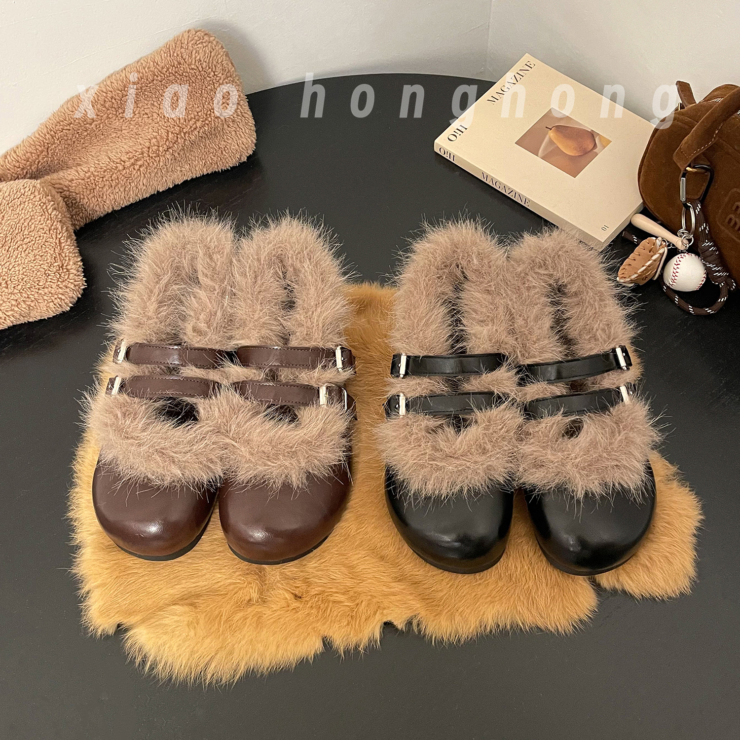 【松松】复古双扣加绒保暖单鞋女毛毛鞋2025冬季韩版时尚网红