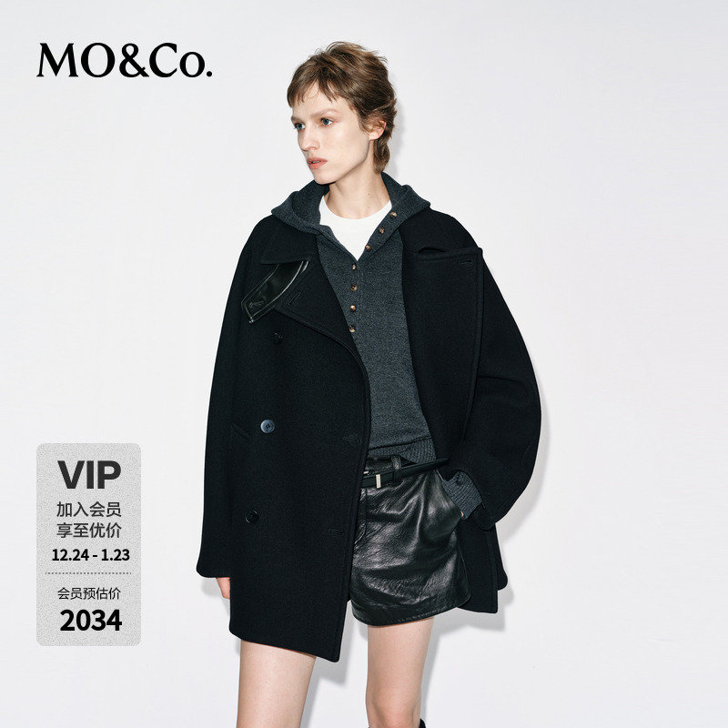 MOCO毛呢大衣2025冬新品美丽诺绵羊毛机车风可拆卸皮袢MBE4OVCT03