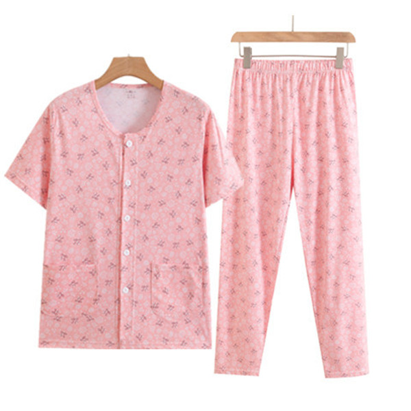 中老年纯棉纯棉高腰长裤短袖开衫家居服女套装加肥加大码妈妈睡衣