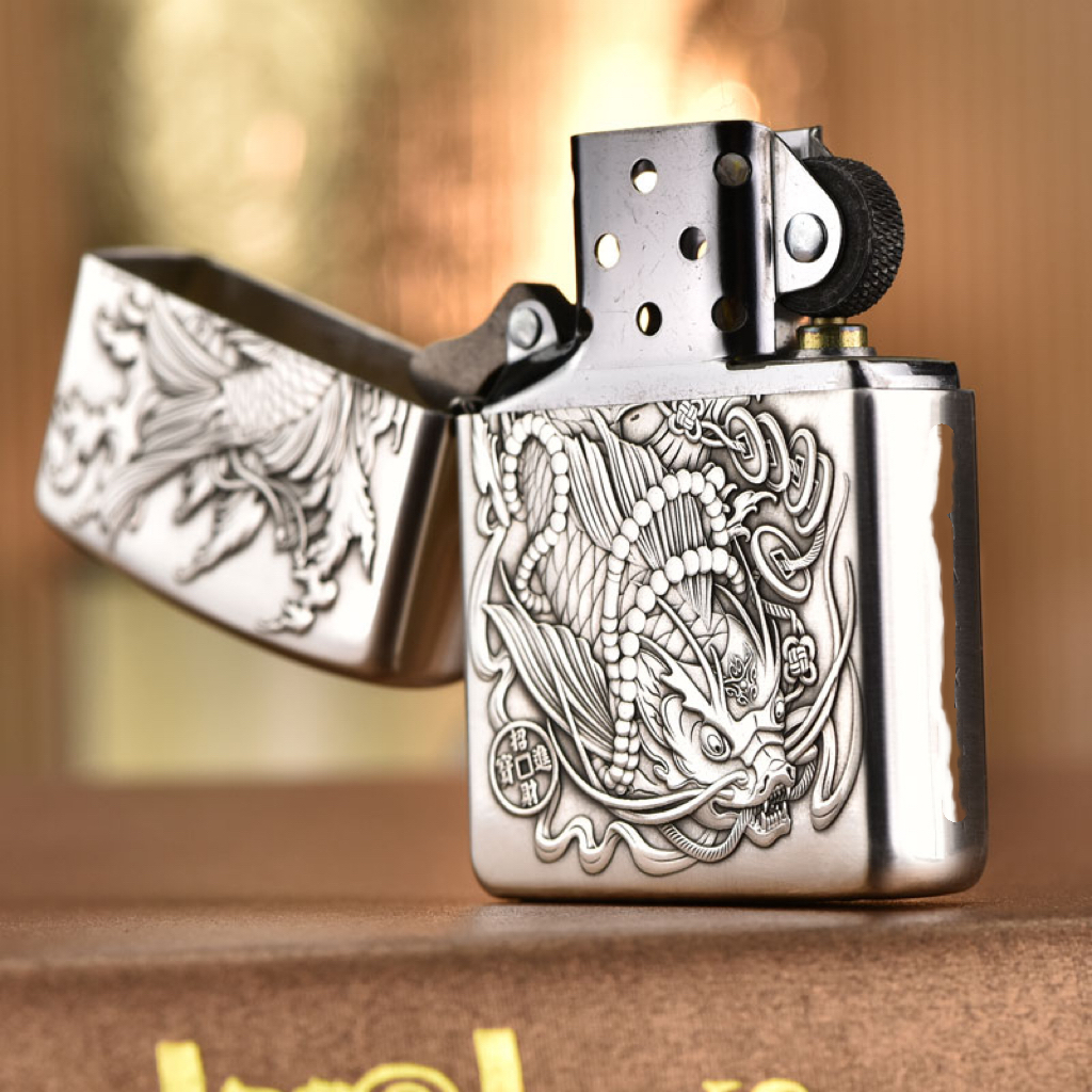 Zippo打火机纯银盔甲鱼化龙DY9918FD
