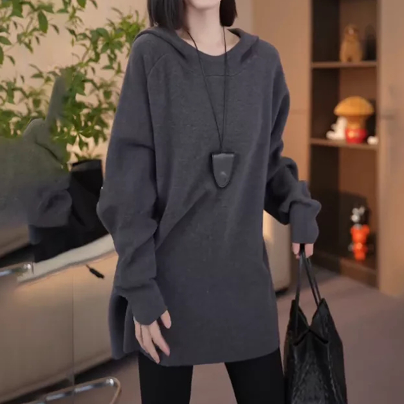 2025秋冬新款极简风连帽长袖中长款针织衫女装宽松慵懒风套头毛衣