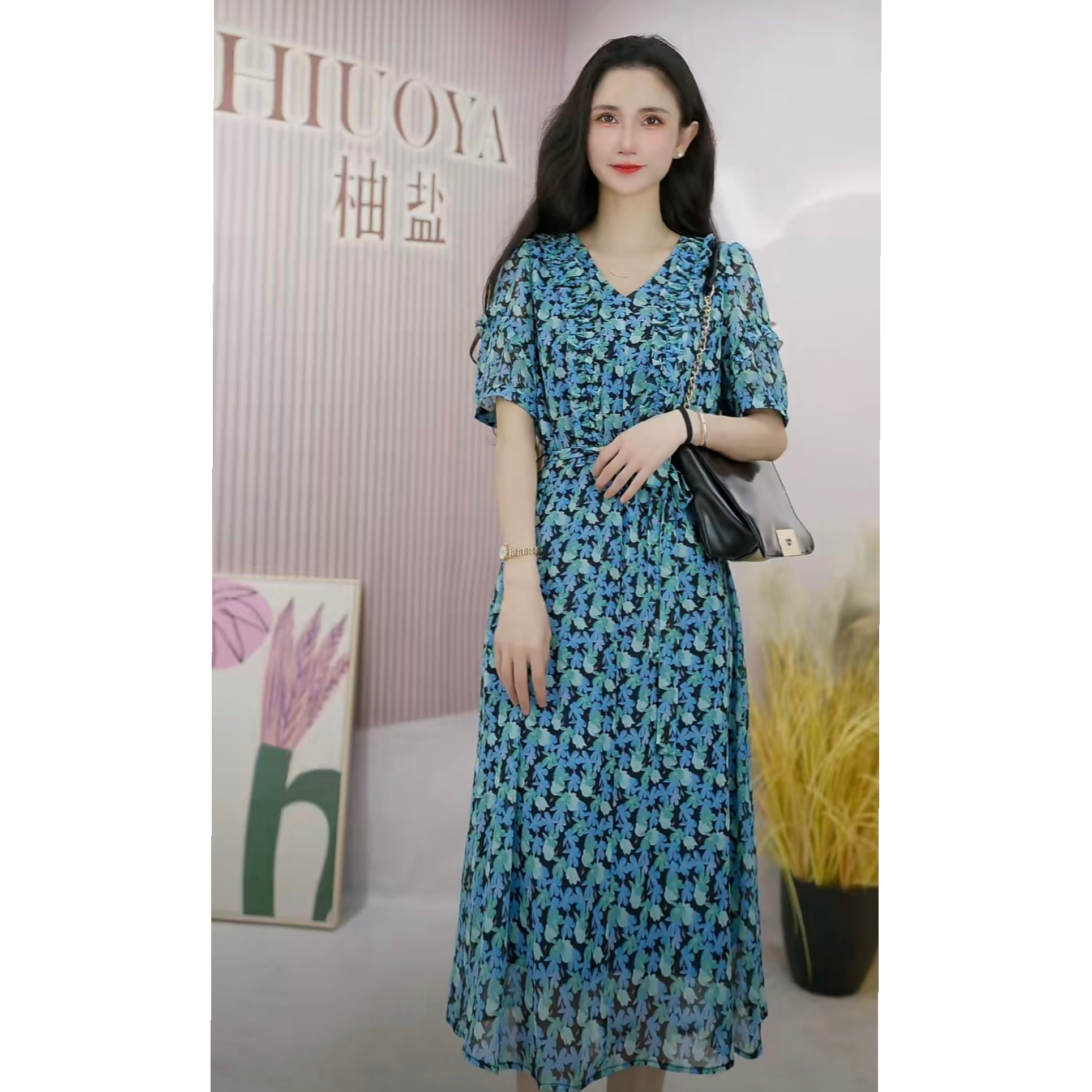 HIUOYA【夏装福利】优雅气质印花连衣裙高腰显瘦中长款23271266