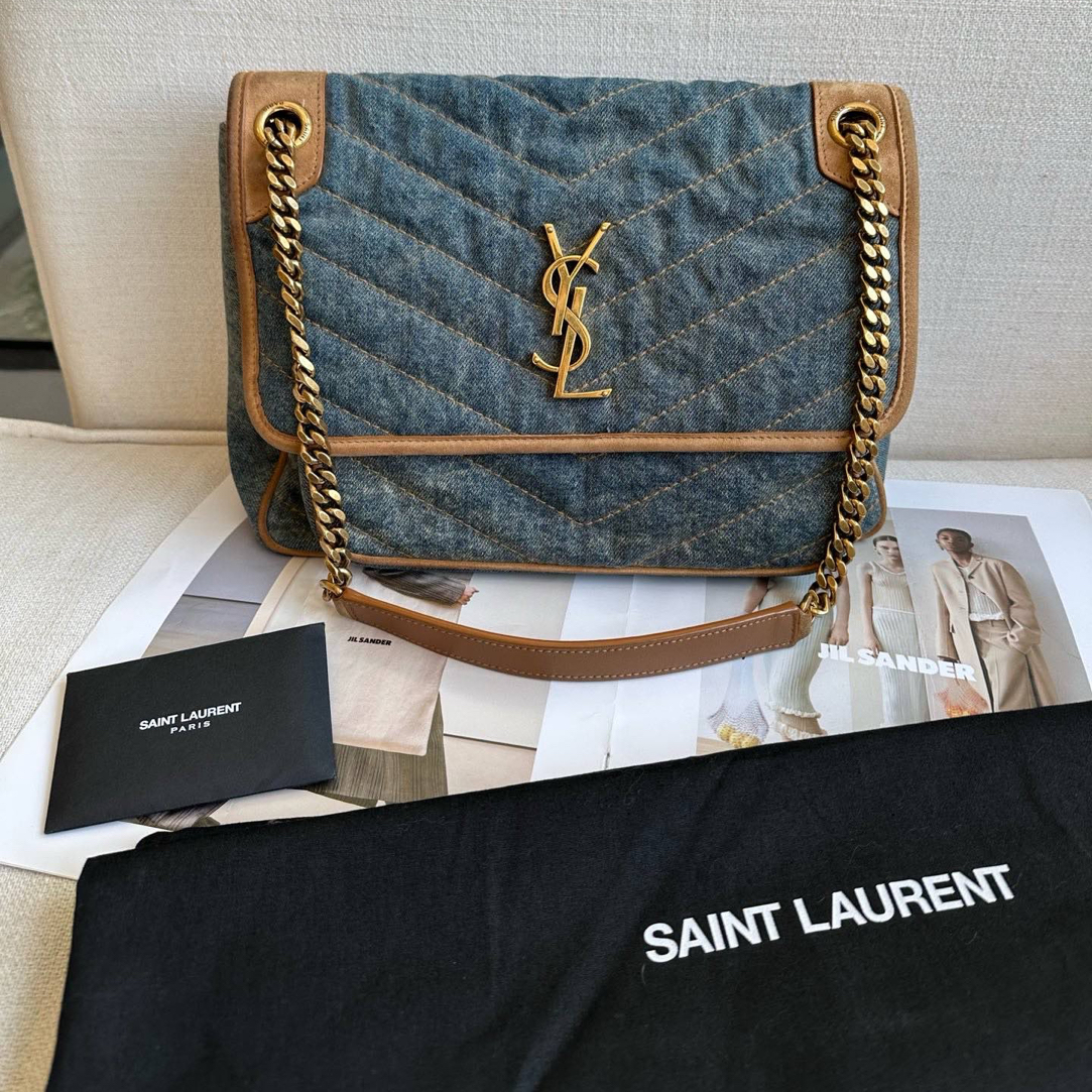 95新 YSL/圣罗兰 95新-中号牛仔布料拼棕色光滑麓绒