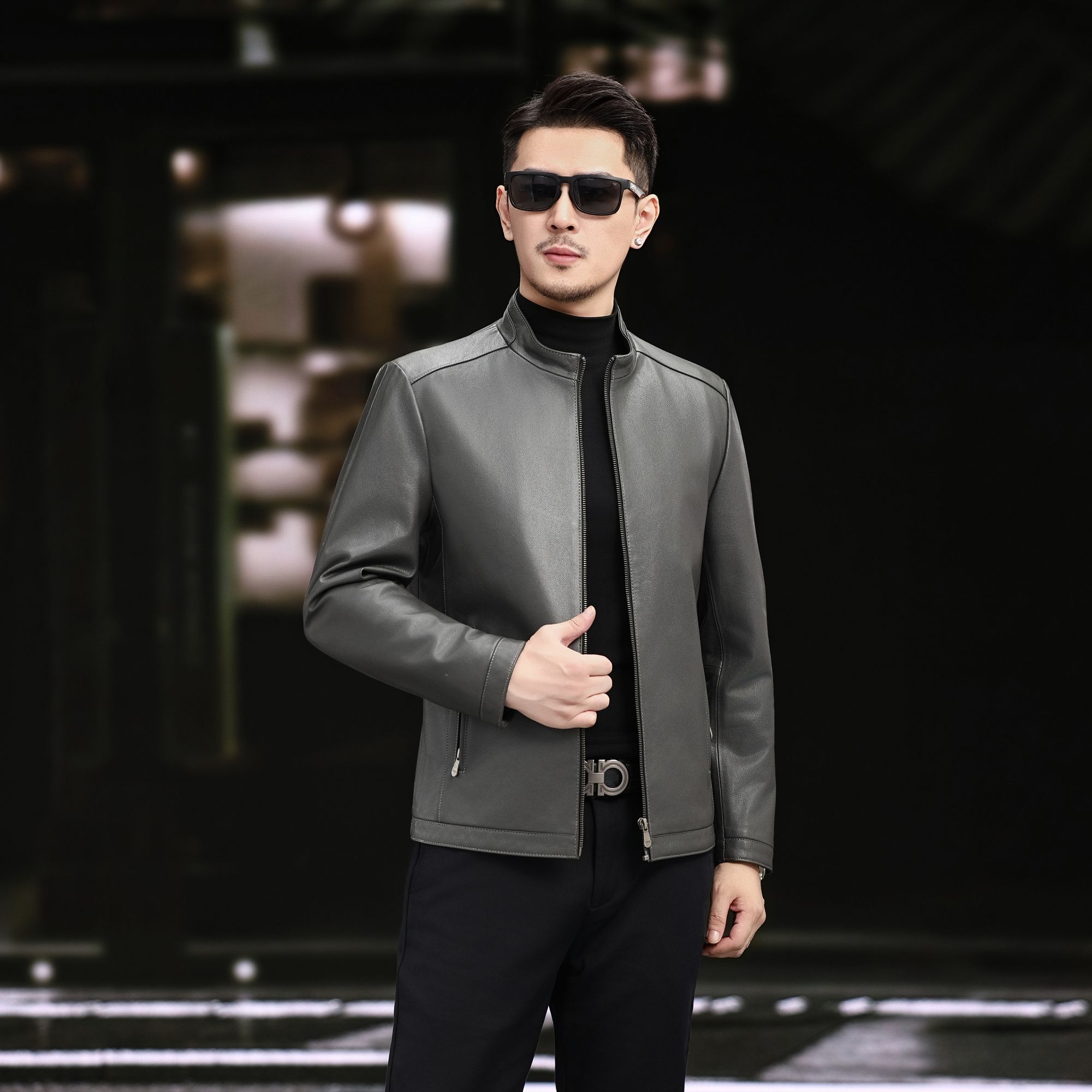 金聂尔2025立领新款男士头层小黄牛皮 水泥灰色 爆款休闲时尚夹克