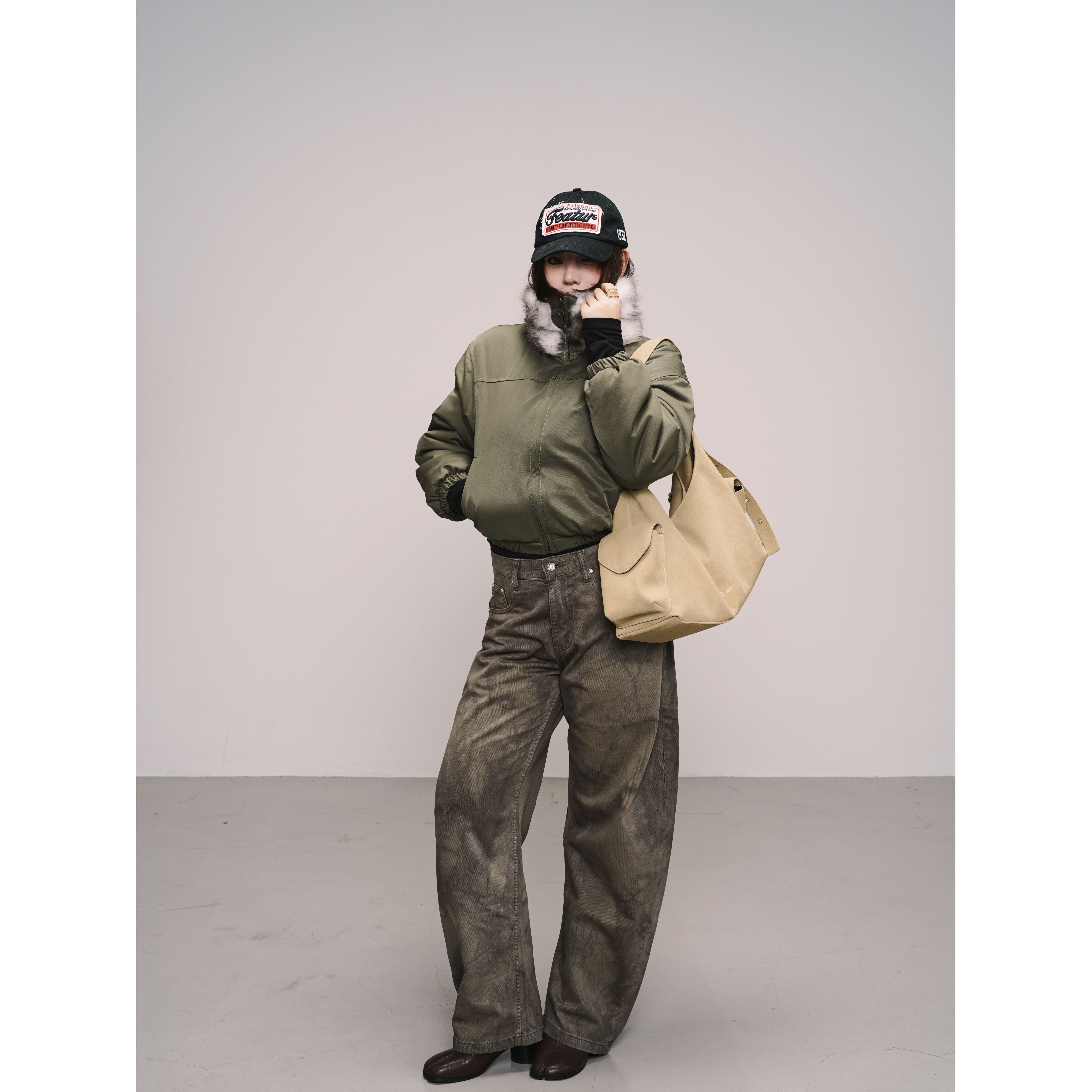 Li Napping重工美式扎染白色水洗纹理渐变做旧弯刀裤休闲工装裤