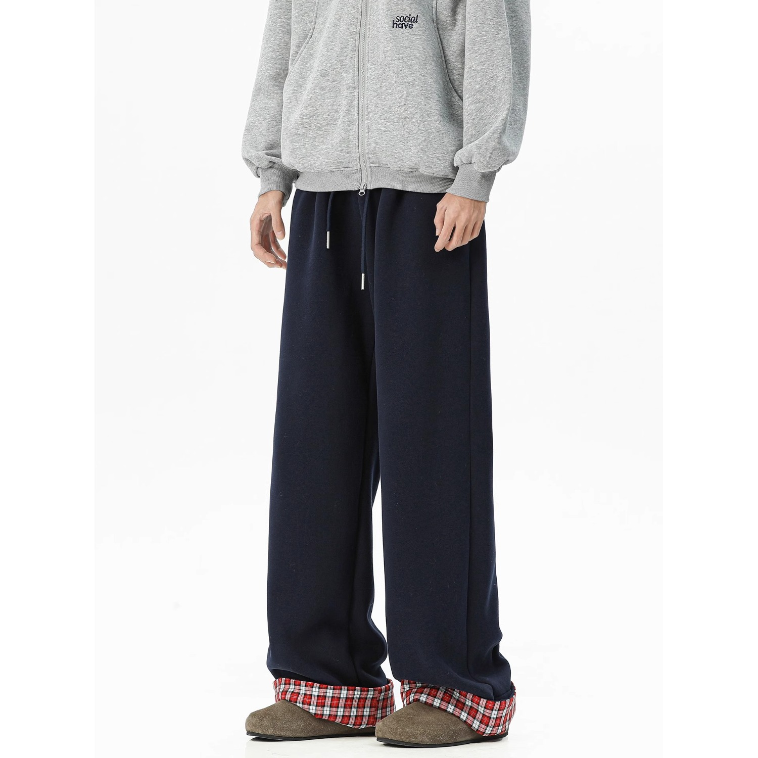 A630 格子拼接卫裤男女秋冬美式复古加厚保暖棉裤直筒休闲裤子