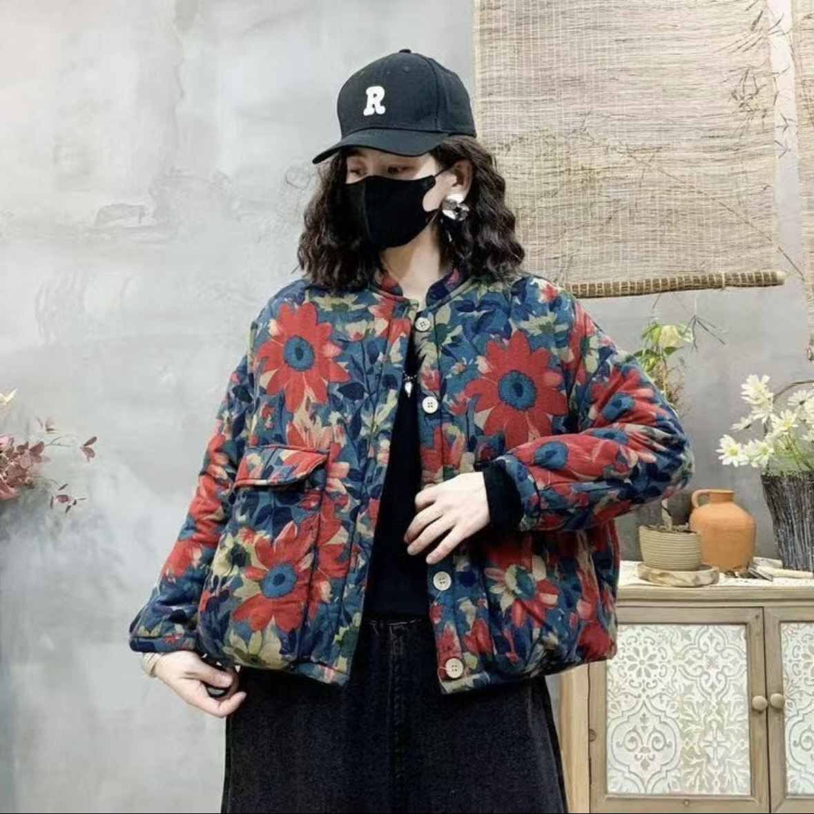 加绒加厚保暖复古民族印花立领宽松短款棉衣棉服外套棉袄女冬季