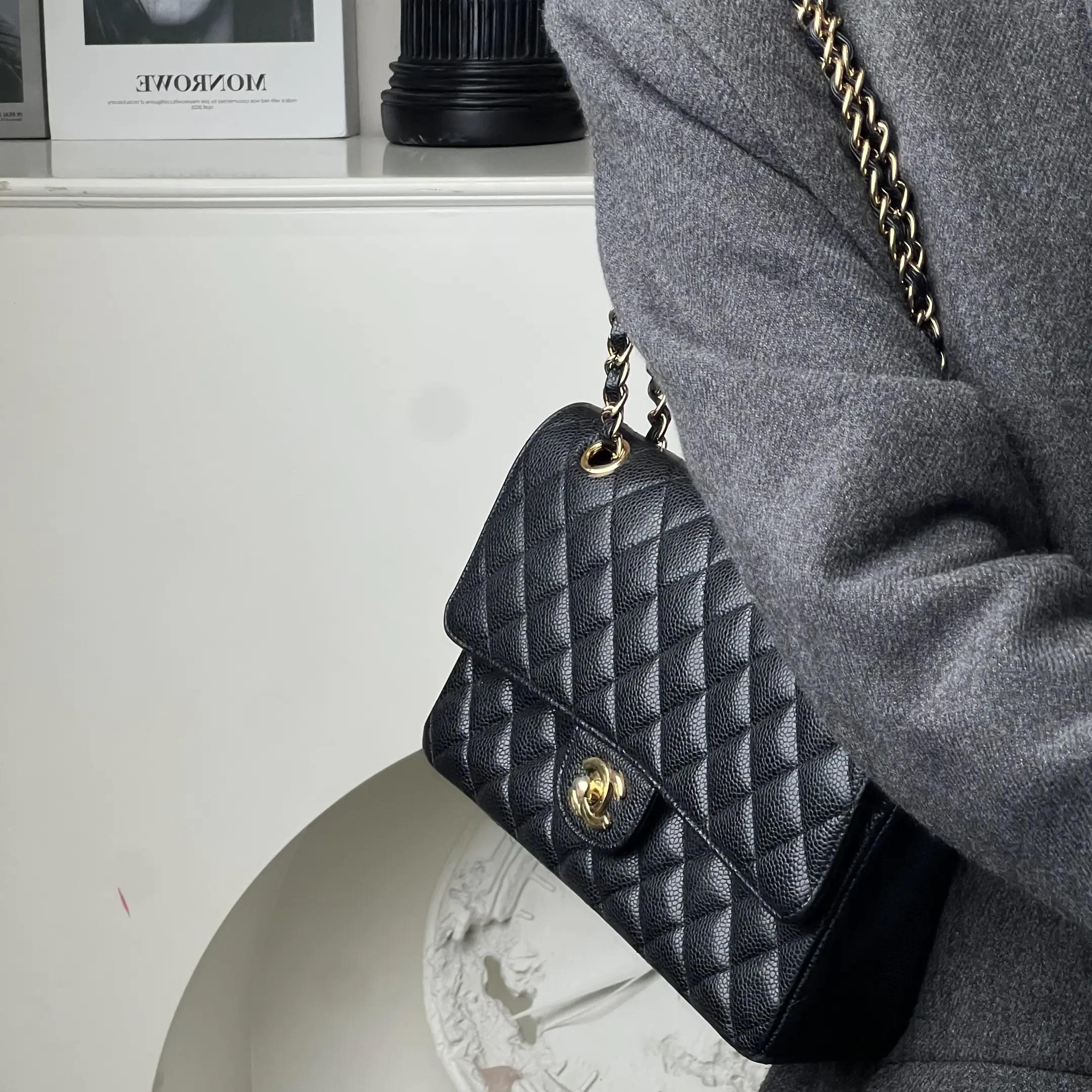 95新 Chanel/香奈儿 Chanel cf中号黑金荔枝牛/优品