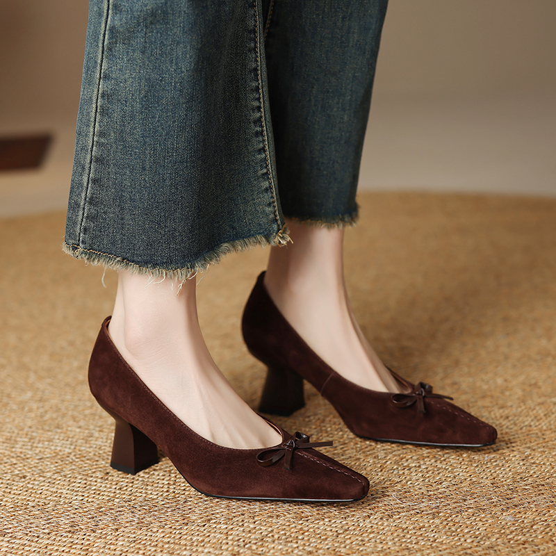 羊皮/6cm法式复古蝴蝶结高跟鞋女2025年新款小方头粗跟单鞋不累脚