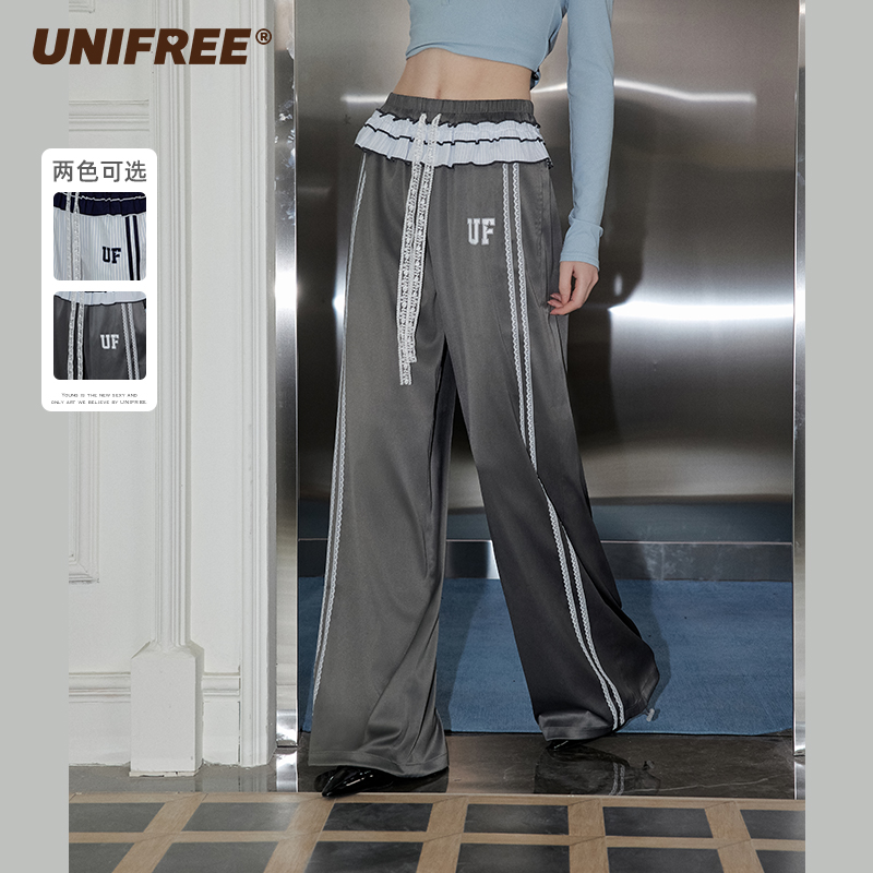 （微瑕介意勿拍）假两件撞色休闲裤蕾丝杠条直筒宽松阔腿拖地裤