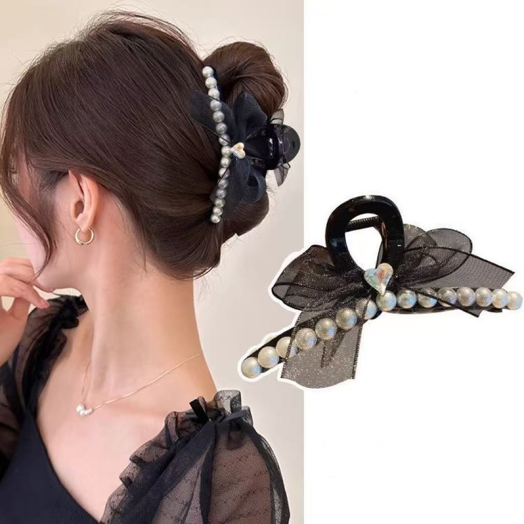 V28珠珠欧根纱蝴蝶结大号鲨鱼夹抓夹