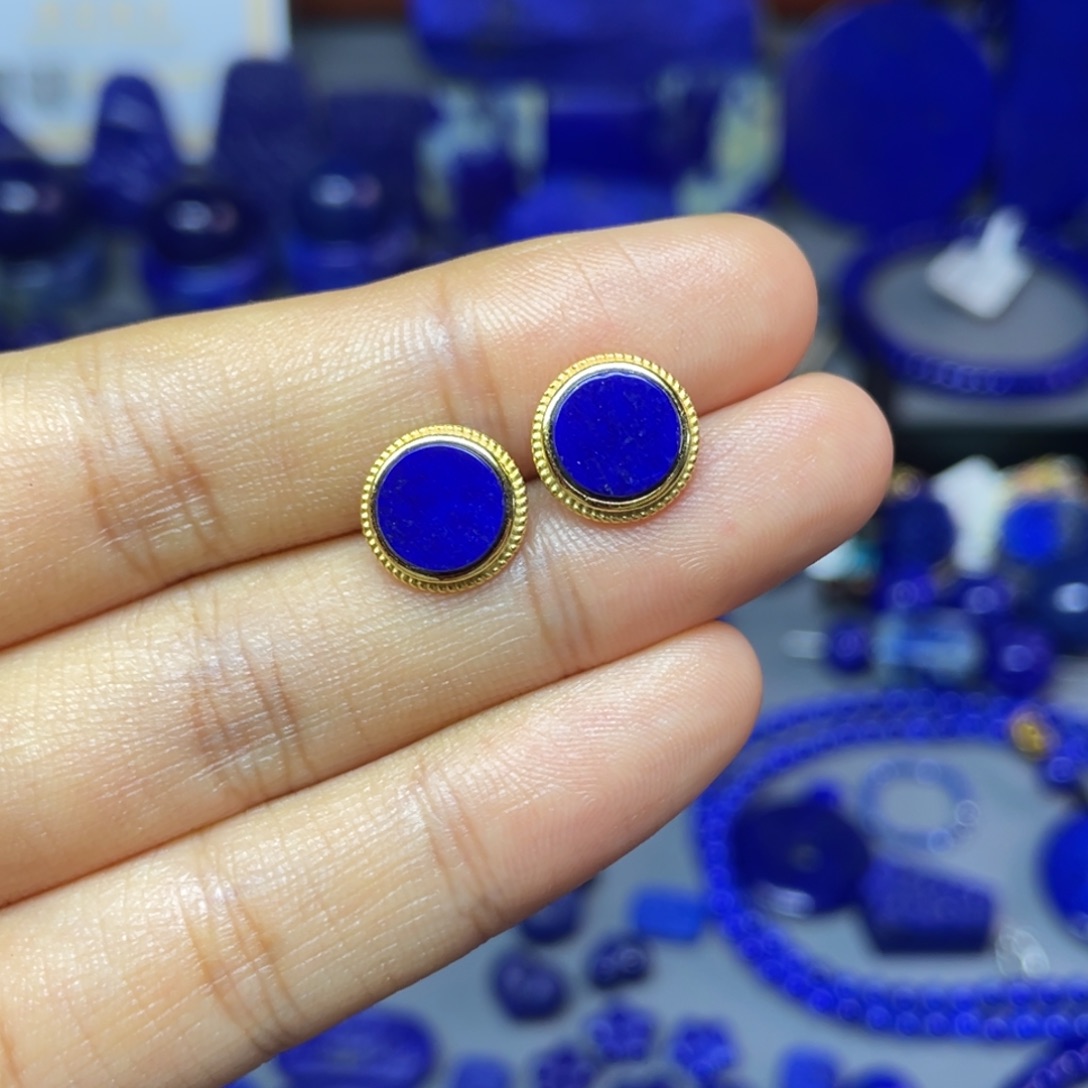 青金石银S925镀金镶嵌10mm耳饰