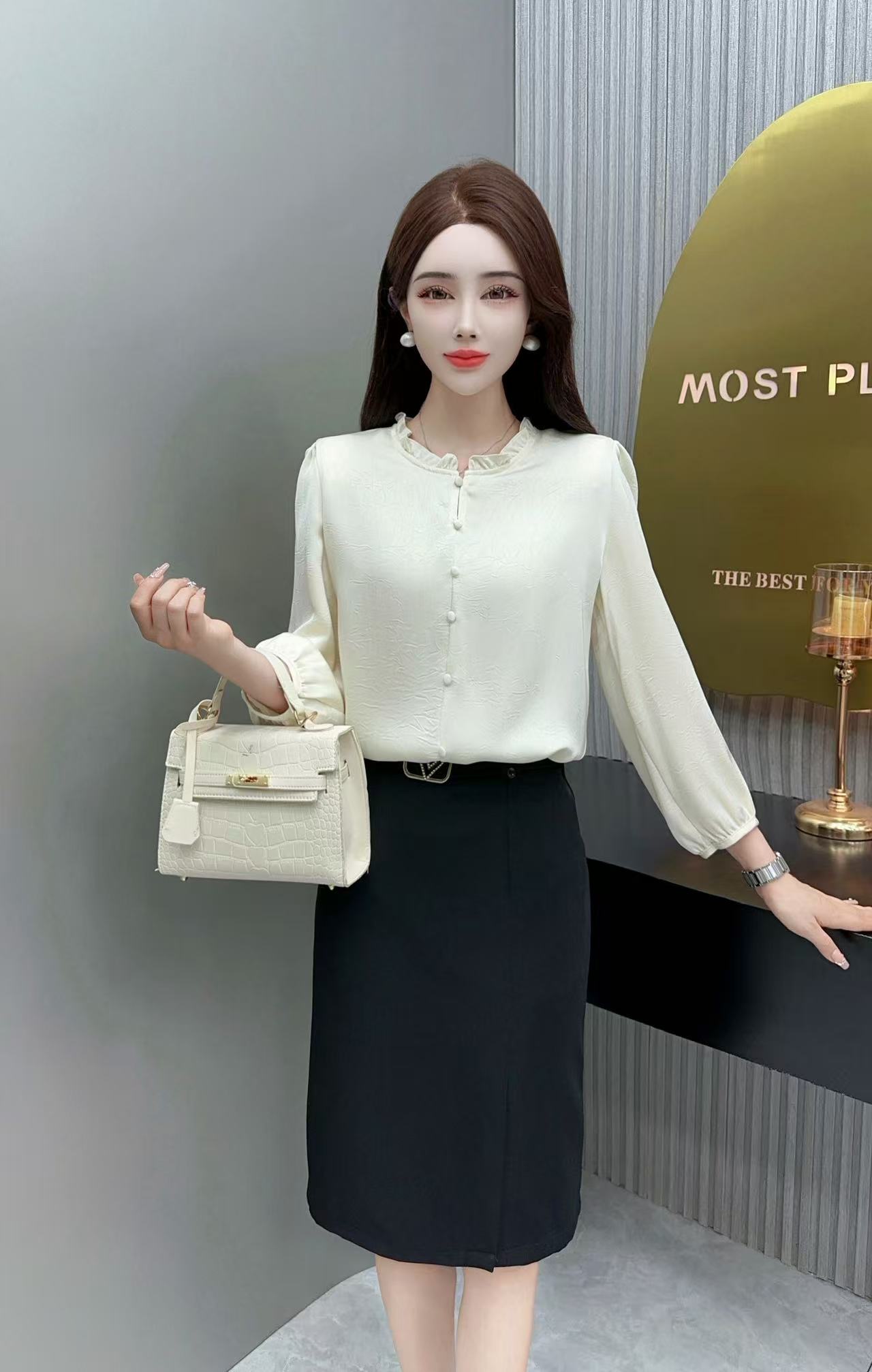 纽扣常规衬衫女士打底时尚长袖法式显瘦秋季木耳边气质网红百搭