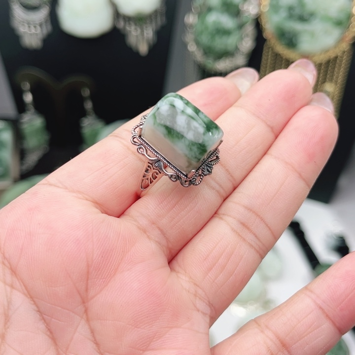 透闪石-蛇纹石玉银S925镶嵌戒指