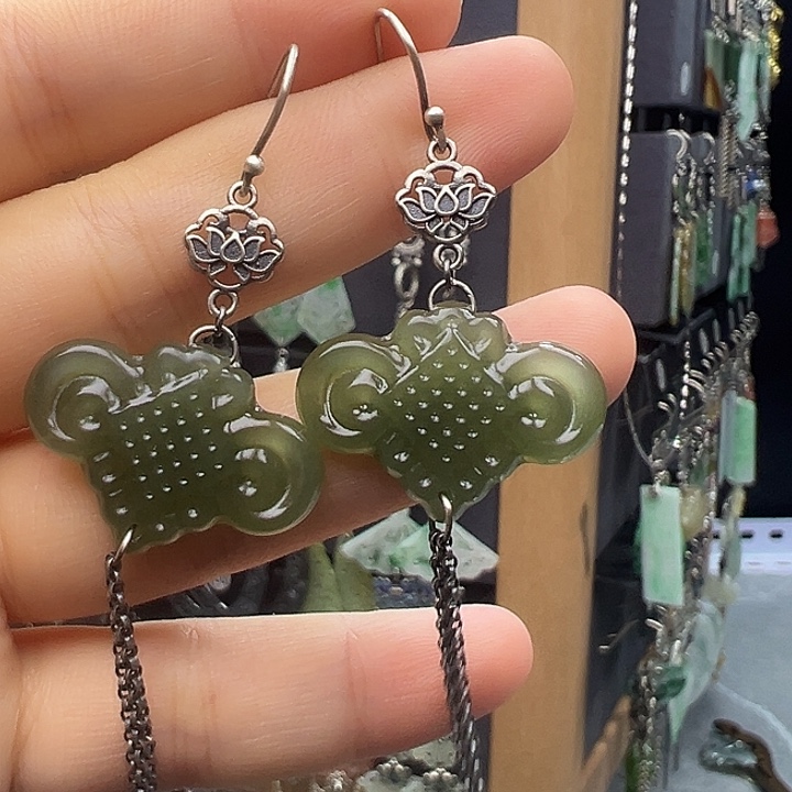 和田玉银S925镶嵌耳饰