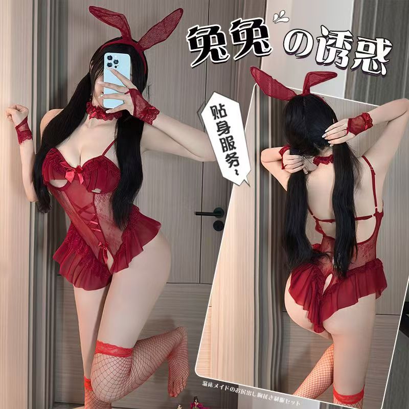 性感角色扮演兔女郎制服套装女式蕾丝镂空美背睡衣
