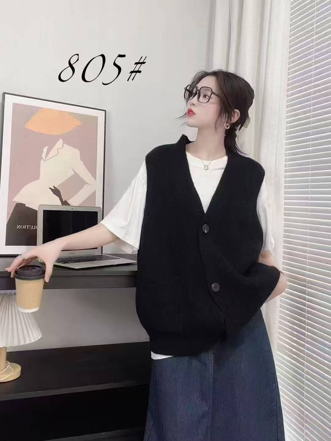 (扣子白色) D调秋季新款女装休闲时尚女士针织背心开衫马甲801