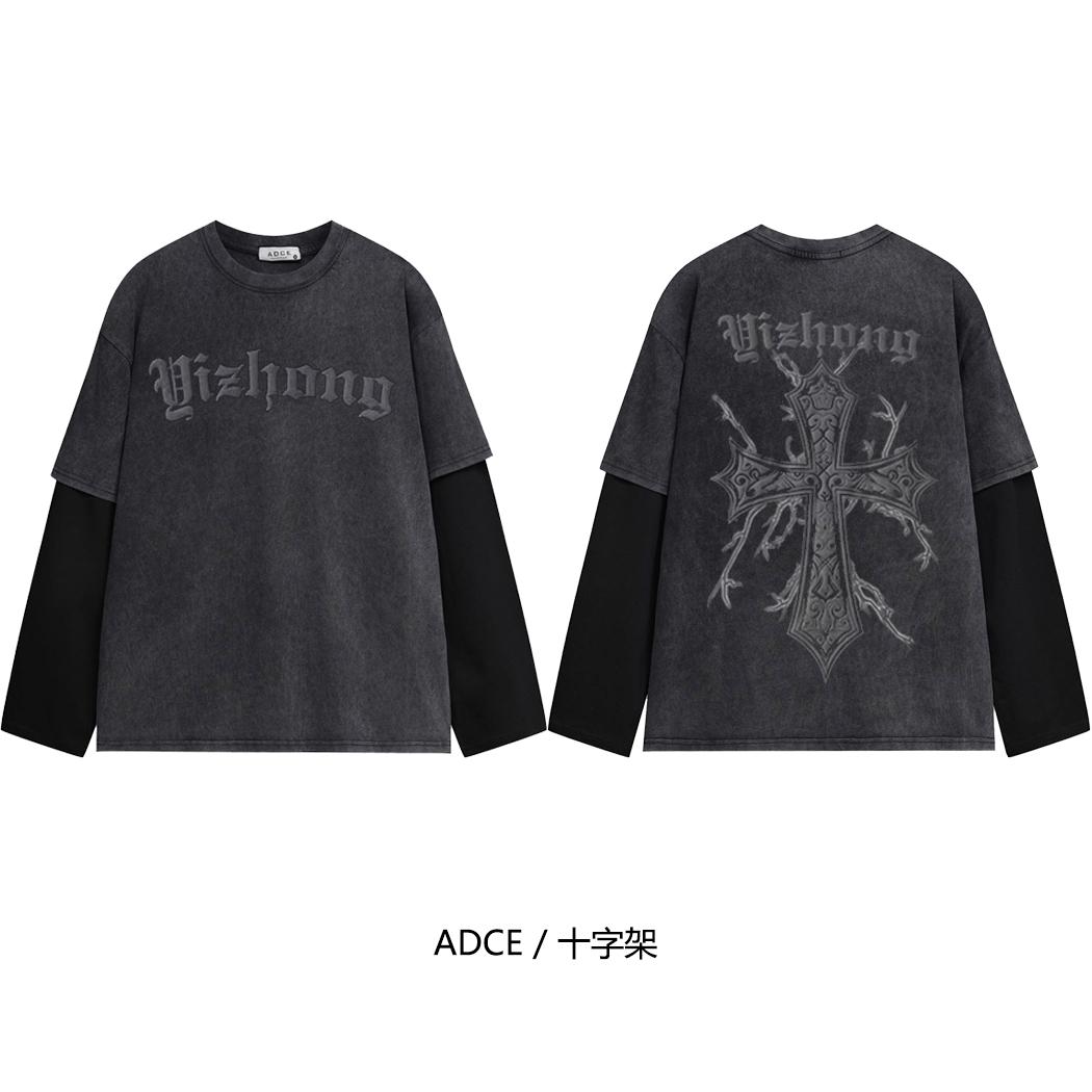 ADCE【长袖-十字架】360克纯棉原创美式假两件上衣做旧宽松圆领长袖