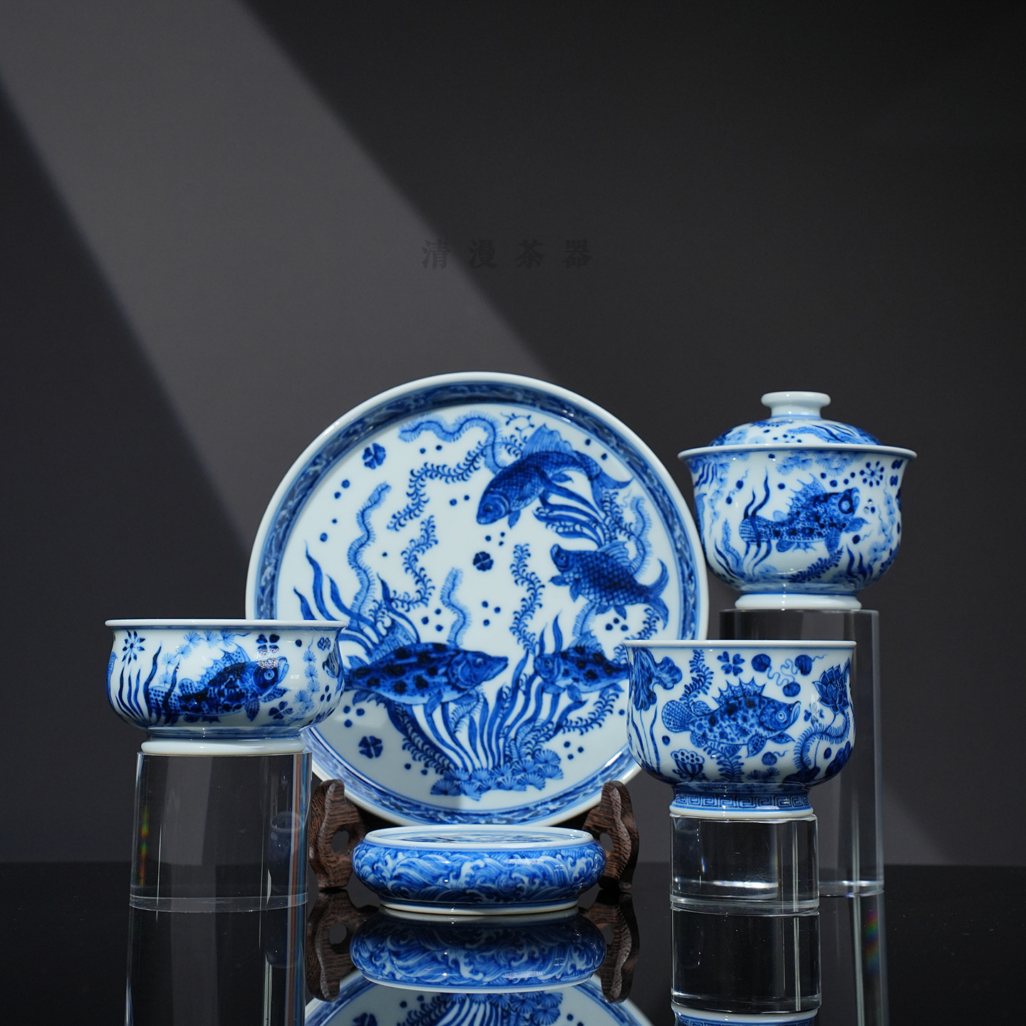 刘建锋窑柴窑仿明鱼藻茶器 景德镇陶瓷家用高档茶具送礼喝茶茶碗