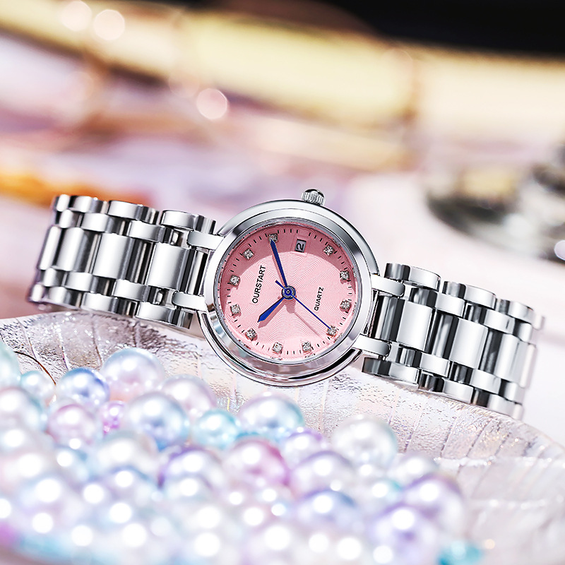 贝壳面百搭手表女时尚感批发简约大气精钢表带日历功能女士腕表