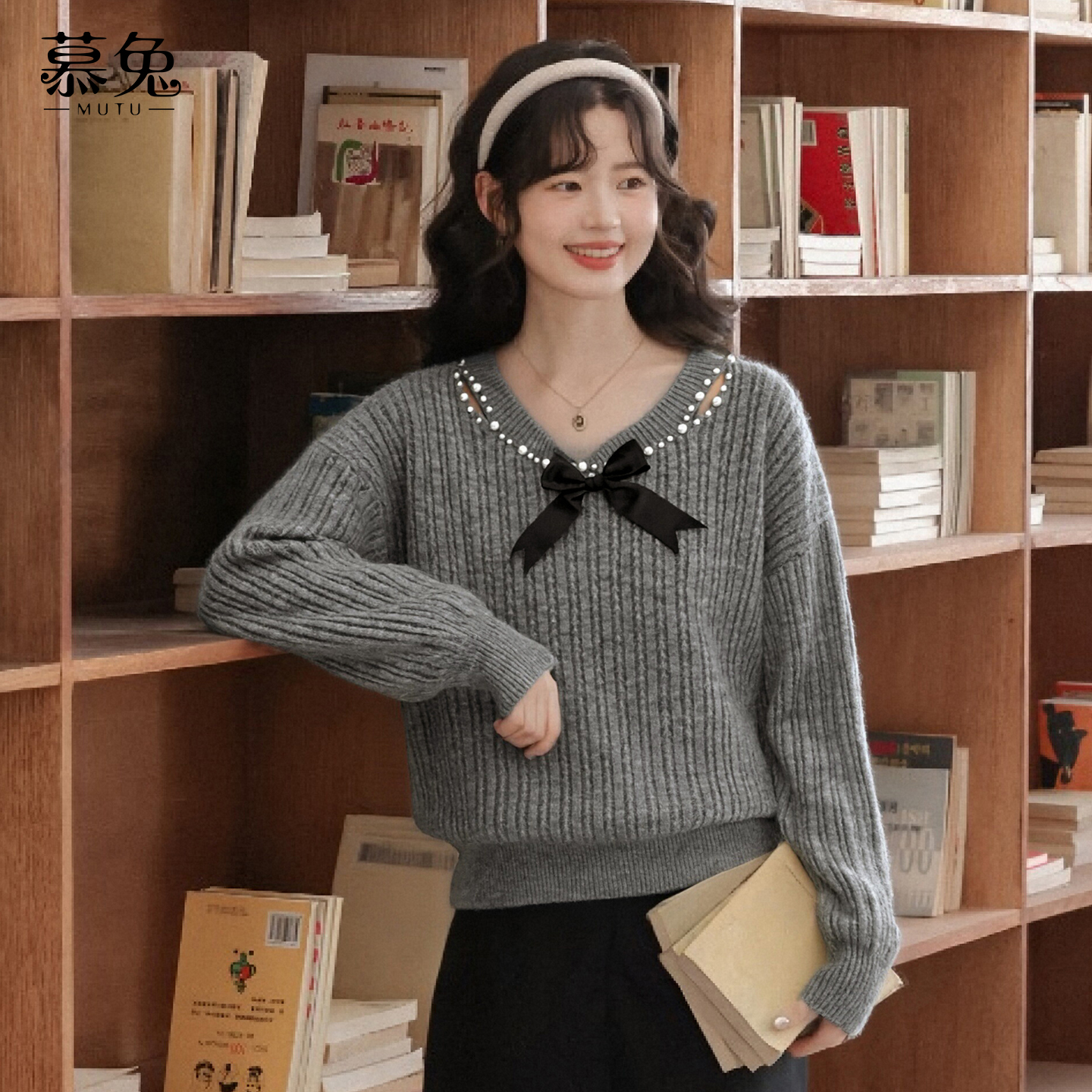 慕兔法式蝴蝶结毛衣女冬季新款小个子宽松显瘦针织衫上衣TU30214