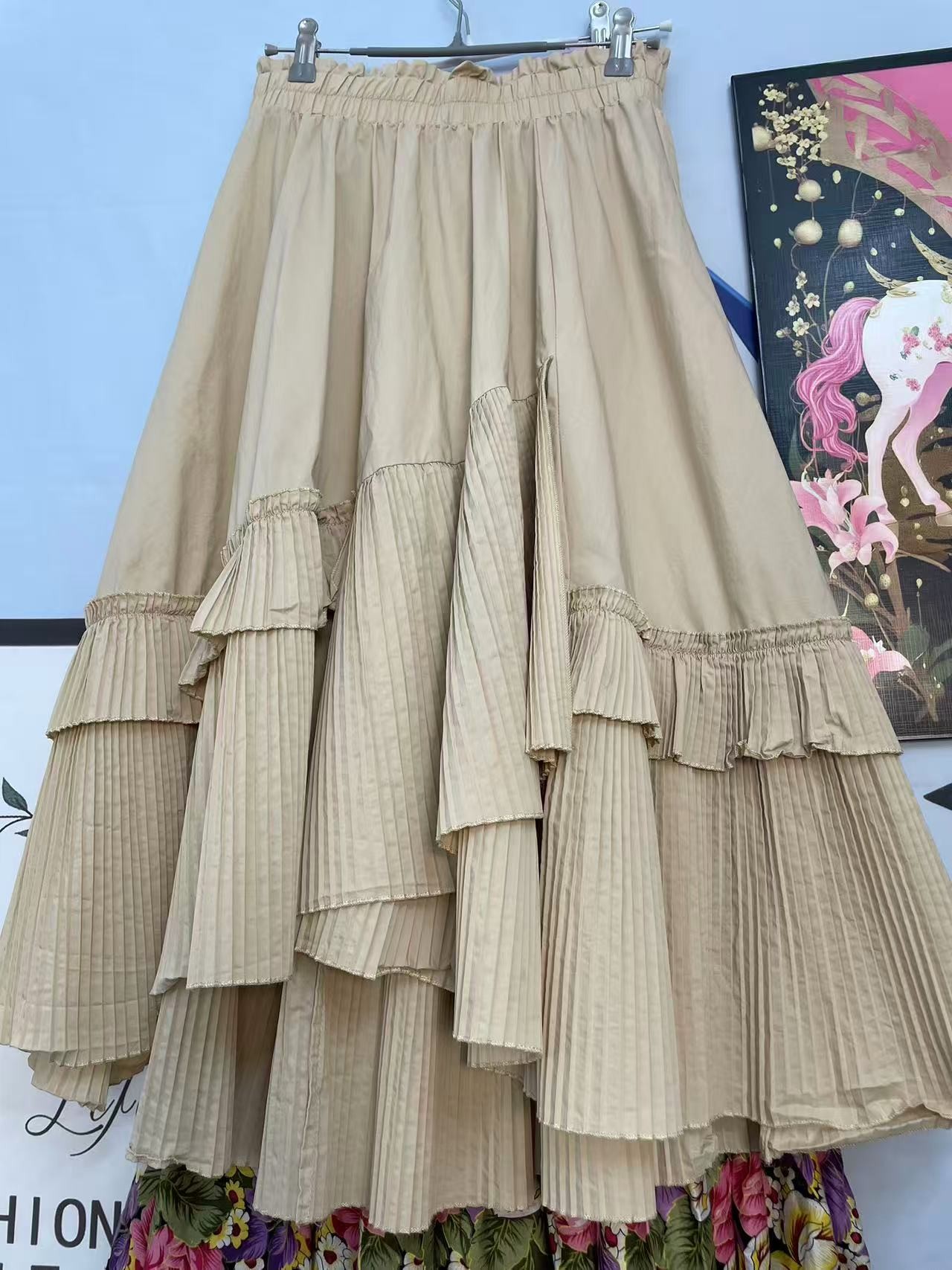 一夕一夏中古vintage复古半身裙百搭夏季休闲褶皱卡其时尚裙子