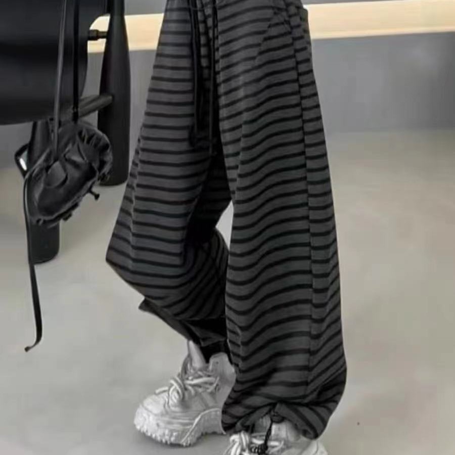 秋冬季新款大码5671慵懒条纹加绒休闲裤女高腰宽松垂感直筒裤