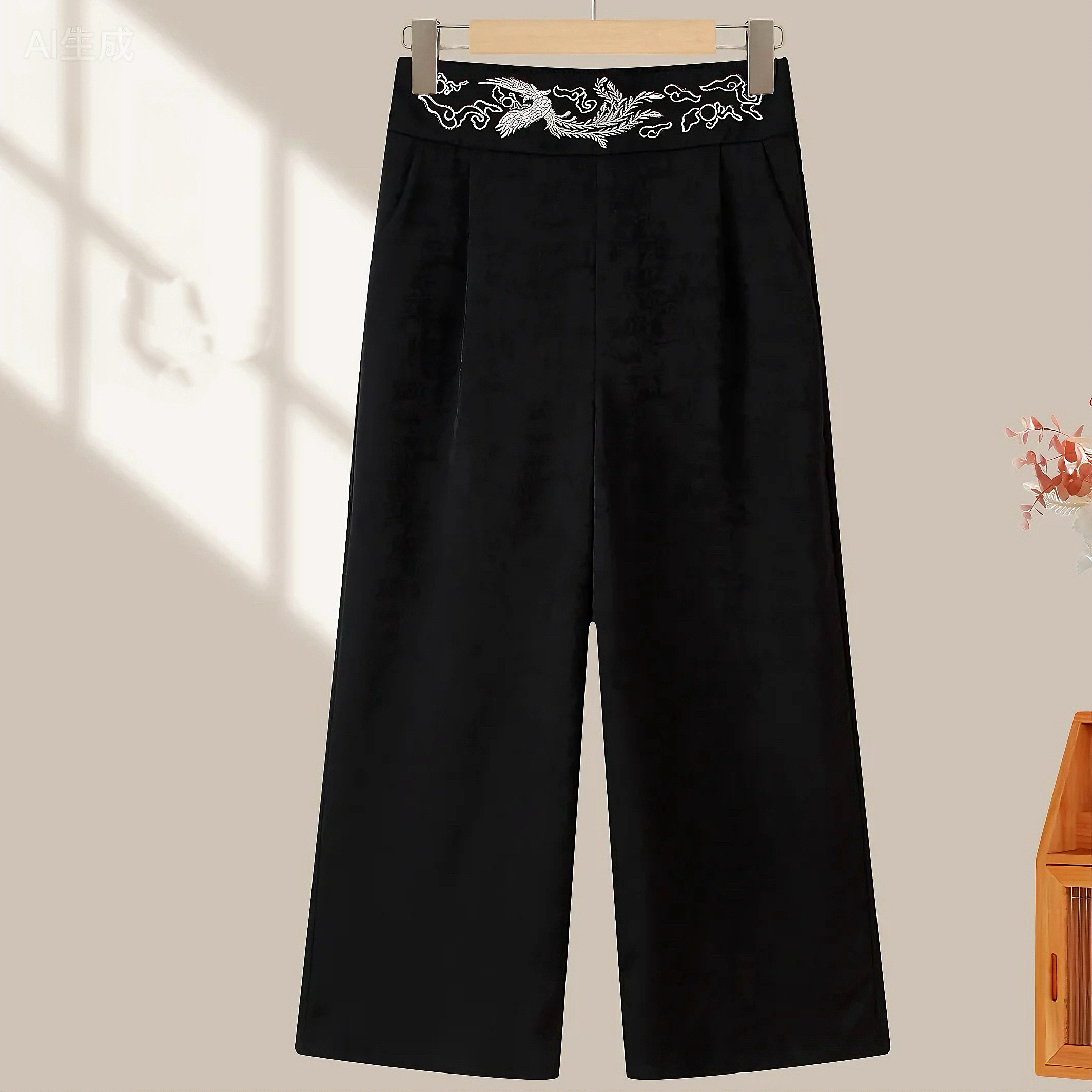 [祥云裤]国风新中式加厚松紧刺绣时尚丝绒直筒裤