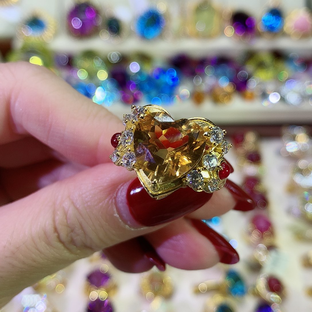 黄晶戒指银S925镀金镶嵌