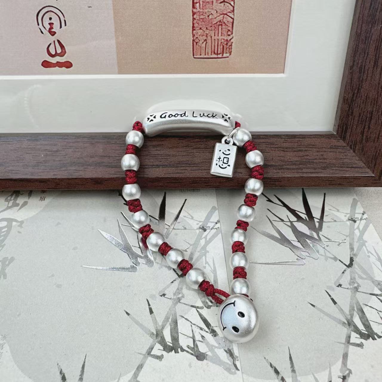 足银手链 笑口常开天天开心good luck笑脸手工编织红绳手链