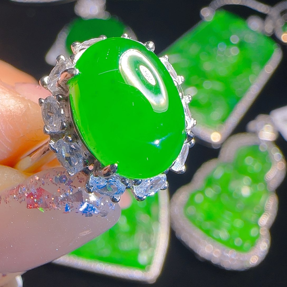 翡翠戒指银S925镶嵌天然