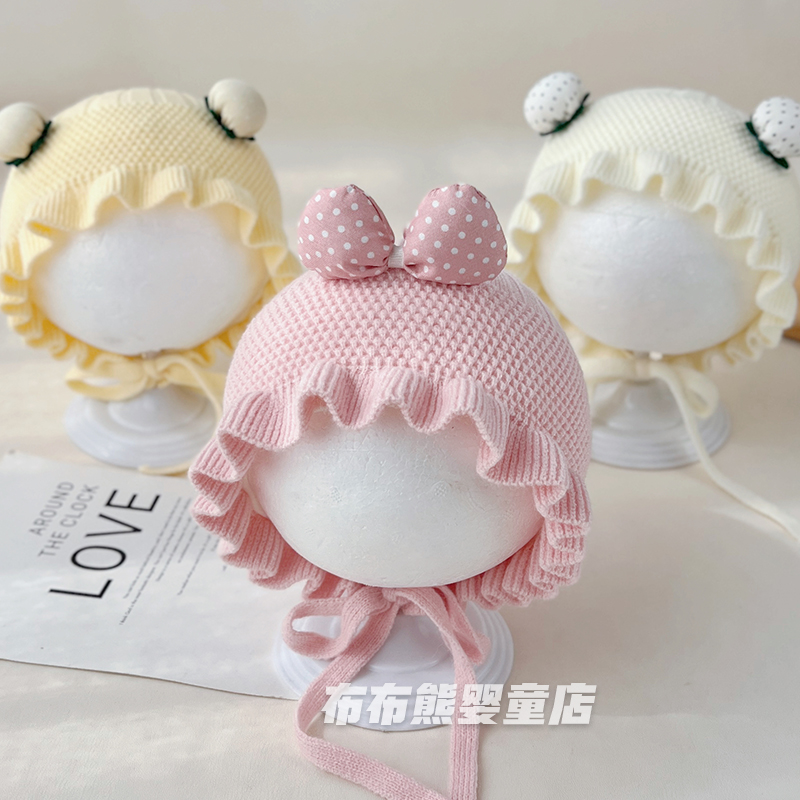 婴儿帽子秋冬季公主针织帽女宝宝冬天保暖护耳毛线帽新生儿宫廷帽