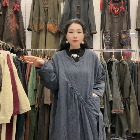 刺绣招财猫双层麻佛袍裙兰