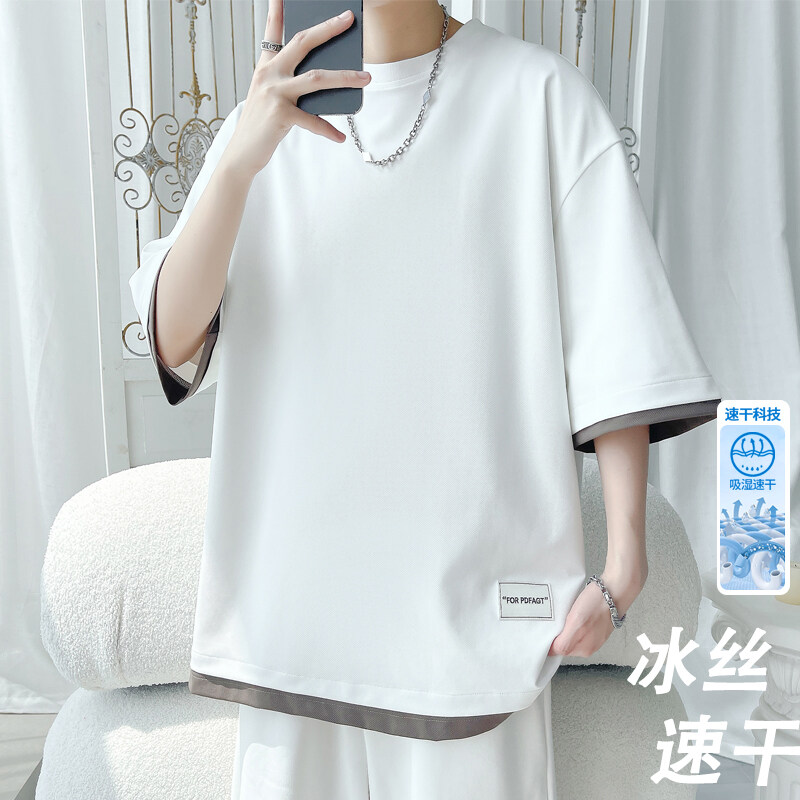 冰丝大码薄款透气男生短袖短裤假两件运动套装夏季时尚潮流男士