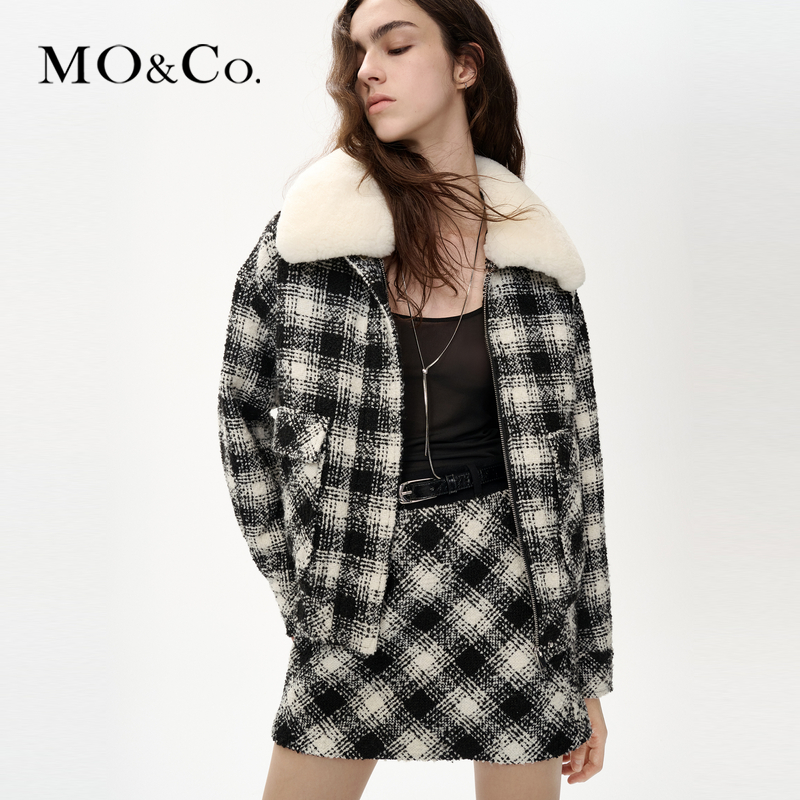 【赵老板专属】MOCO冬可拆皮领格纹短款含绵羊毛毛呢外套MBC4COT010