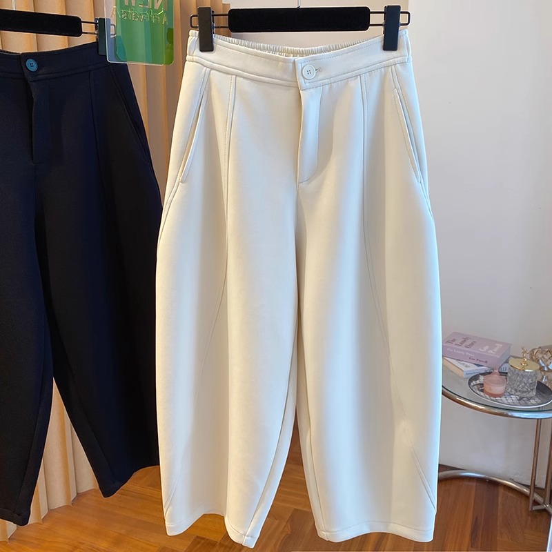 欧货太空棉白色阔腿裤女春2025新款宽松高腰显瘦奶奶裤八分直筒裤