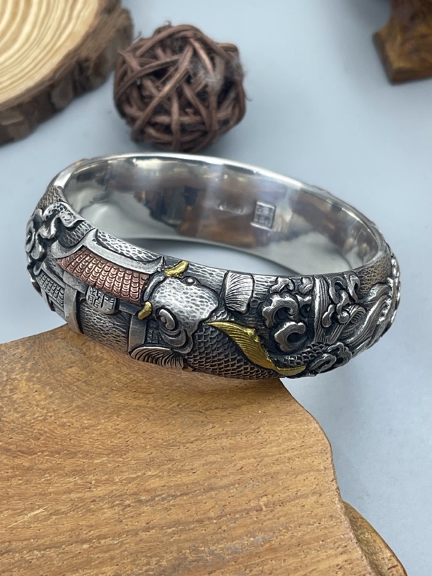 足银手镯 鱼跃龙门重工精雕手镯手工立体浮雕高端大气实心个性