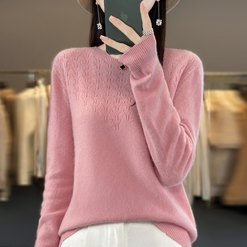 腰若流纨素~秋冬新款圆领镂空长袖显气质羊毛衫女百搭套头时尚